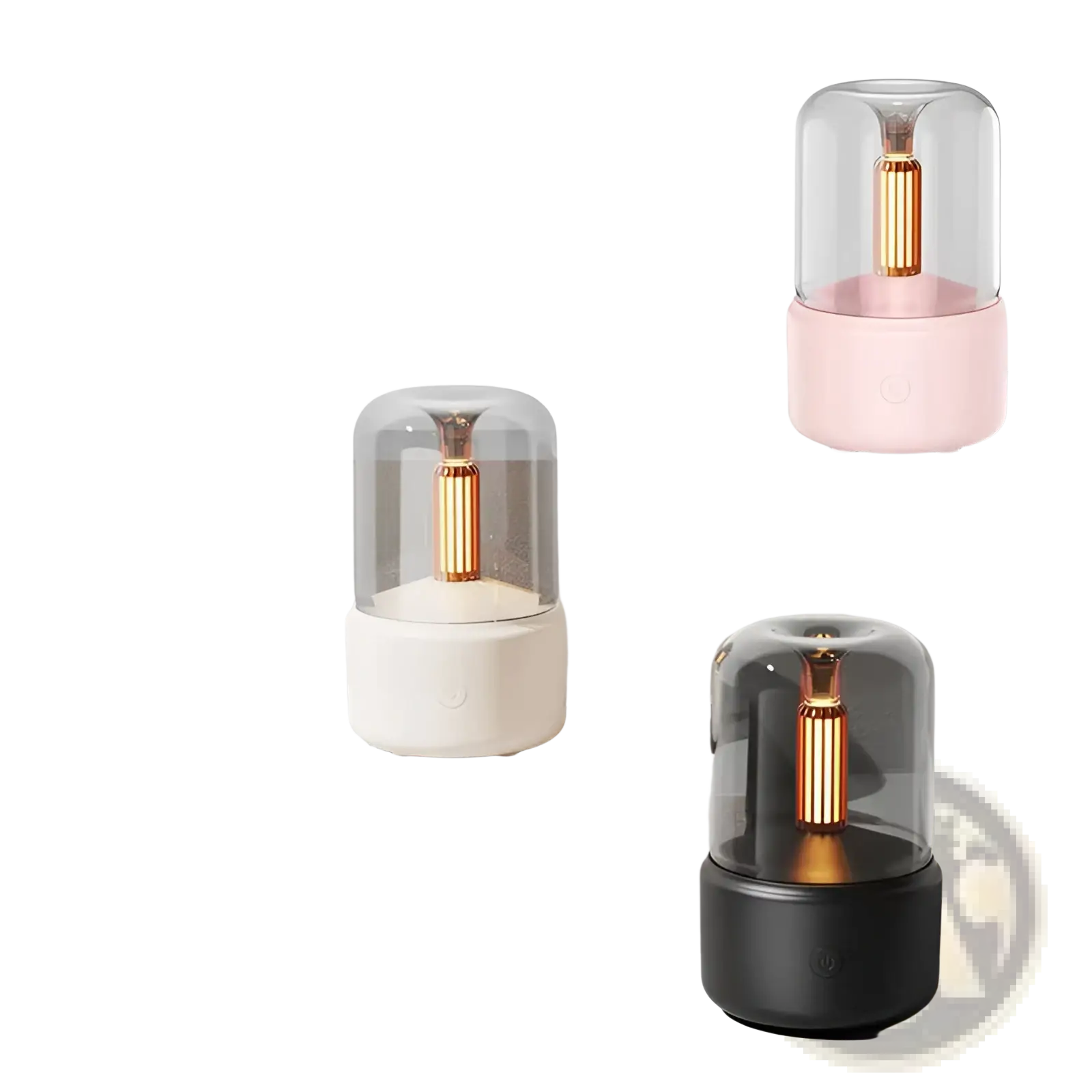 Modern glass-cased candlelight aroma diffuser usb mist humidifier with sleek cylindrical design and warm metallic interior