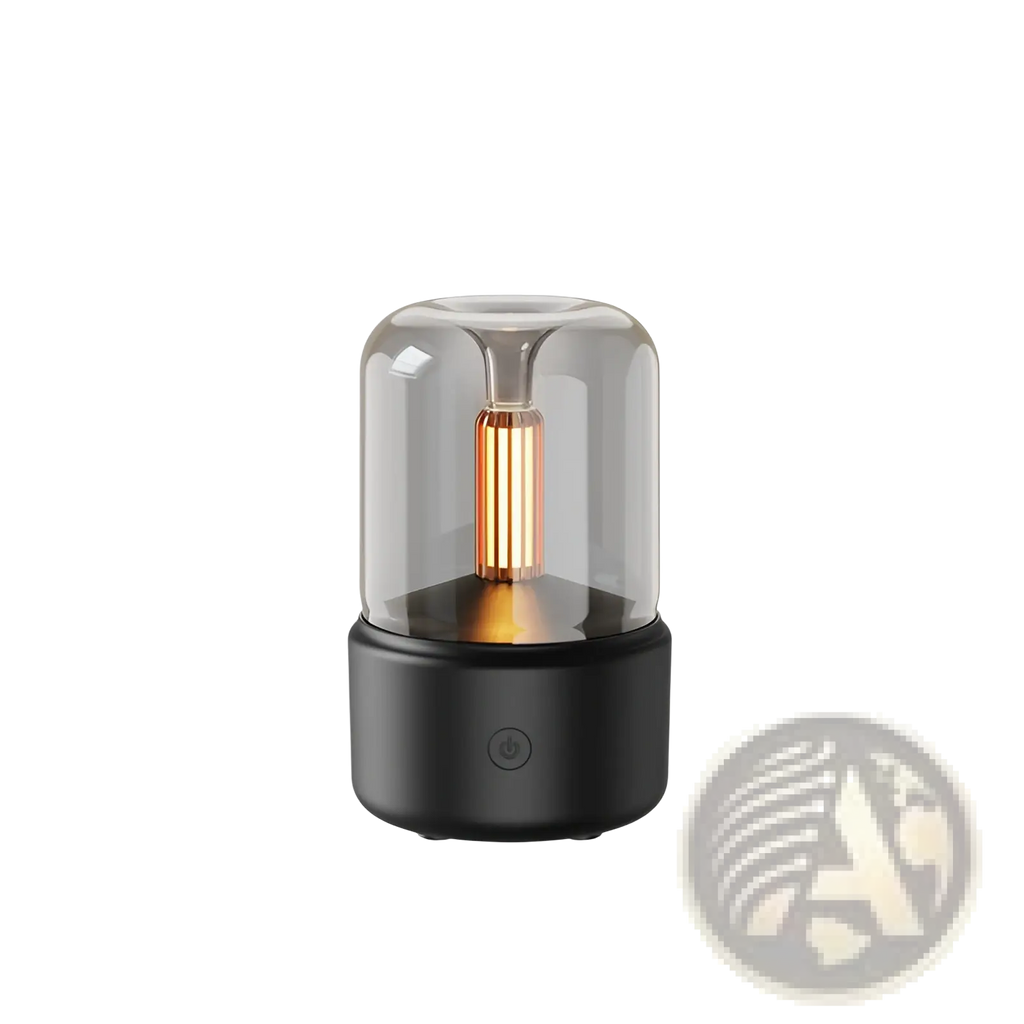 Black cylindrical candlelight aroma diffuser usb mist humidifier with clear glass dome and copper led filament light