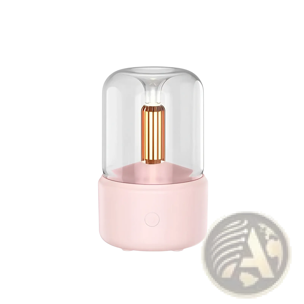 Pink cylindrical candlelight aroma diffuser usb mist humidifier with clear glass dome and gold vertical element