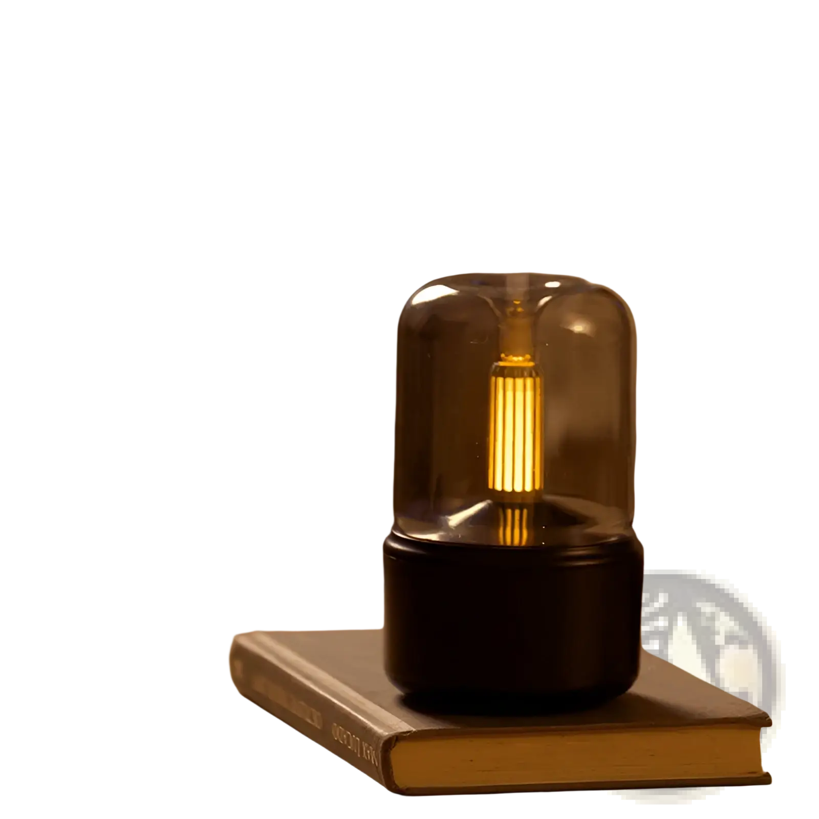 A sleek black candlelight aroma diffuser usb mist humidifier with a glass dome and illuminated edison bulb emitting mist
