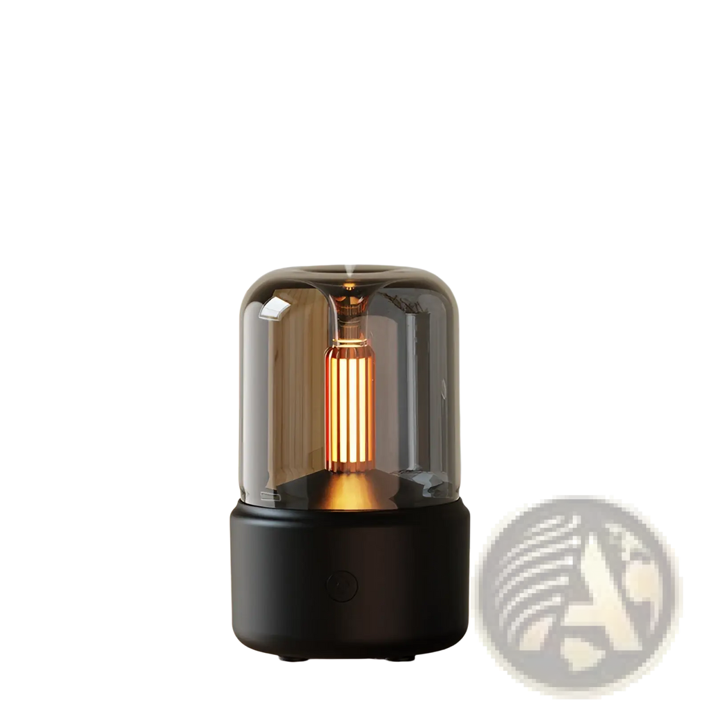 Black cylindrical candlelight aroma diffuser usb mist humidifier with transparent glass dome and illuminated golden filament bulb