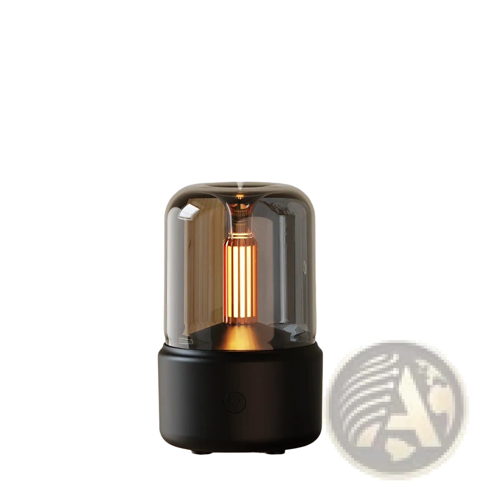 Black cylindrical candlelight aroma diffuser usb mist humidifier with transparent glass dome and illuminated golden filament bulb
