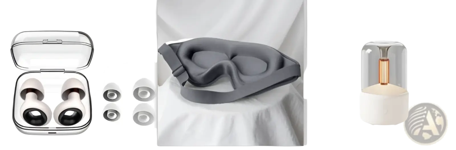Gray silicone sleep mask with adjustable headband shown with candlelight aroma diffuser usb mist humidifier 120ml