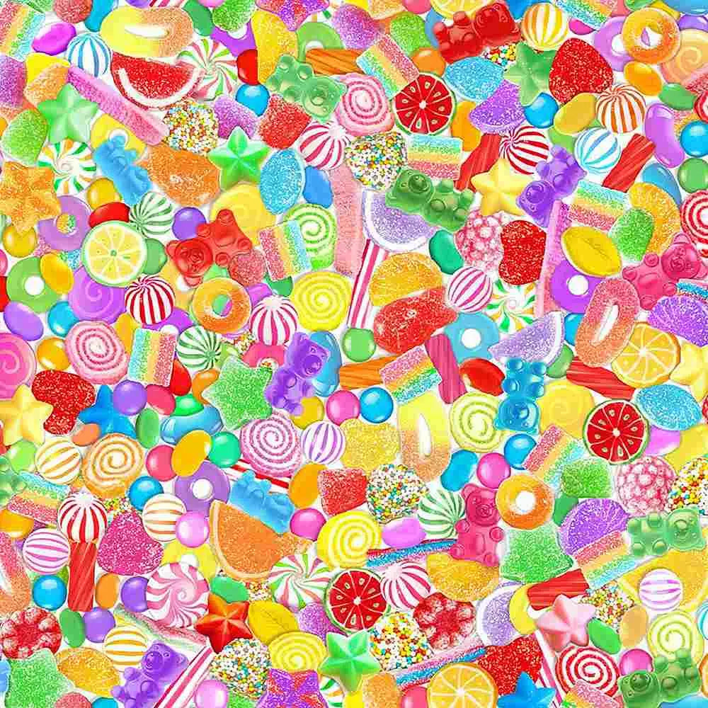 Yellow candy print a-line skater dress with pockets featuring a vibrant assortment of colorful glossy candy designs