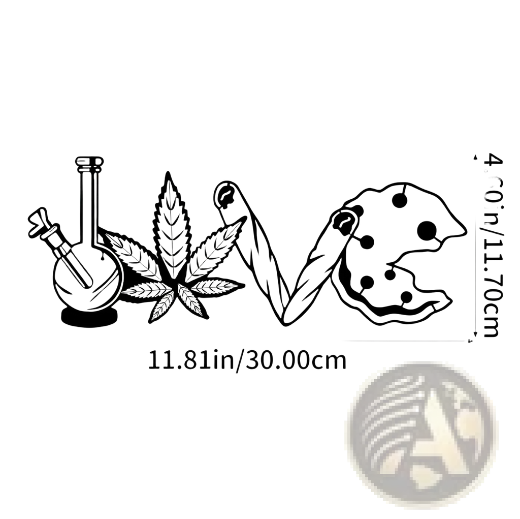 Black and white metal wall art decor featuring the word love stylized with bong cannabis leaf joint and cookie