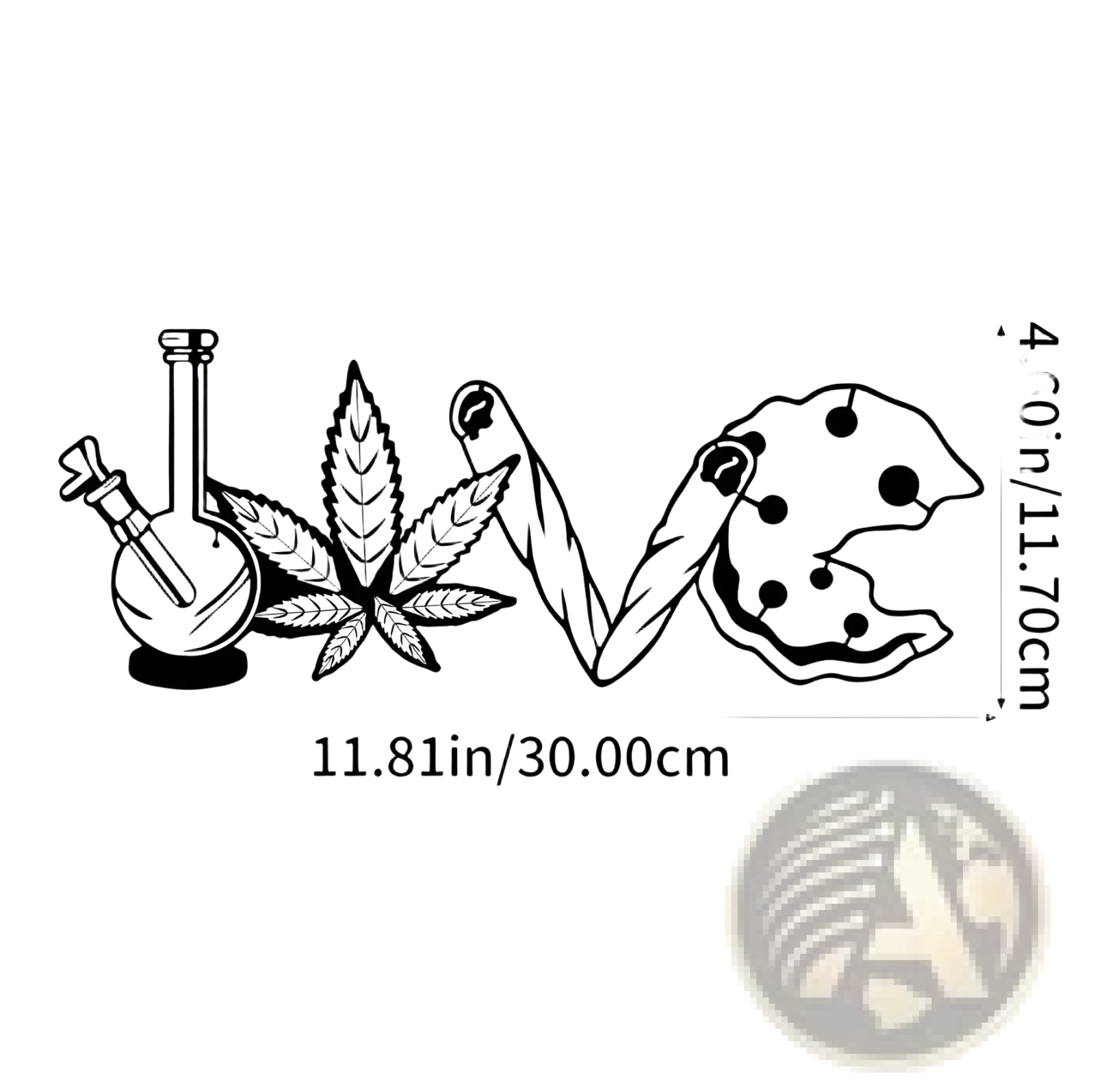 Black and white metal wall art decor featuring the word love stylized with bong cannabis leaf joint and cookie