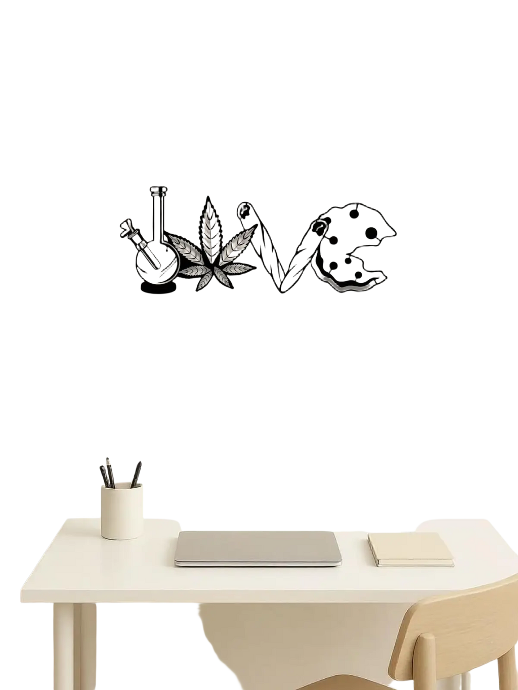 Black metal wall art spelling love with each letter styled as bong cannabis leaf joint and cookie for home decor