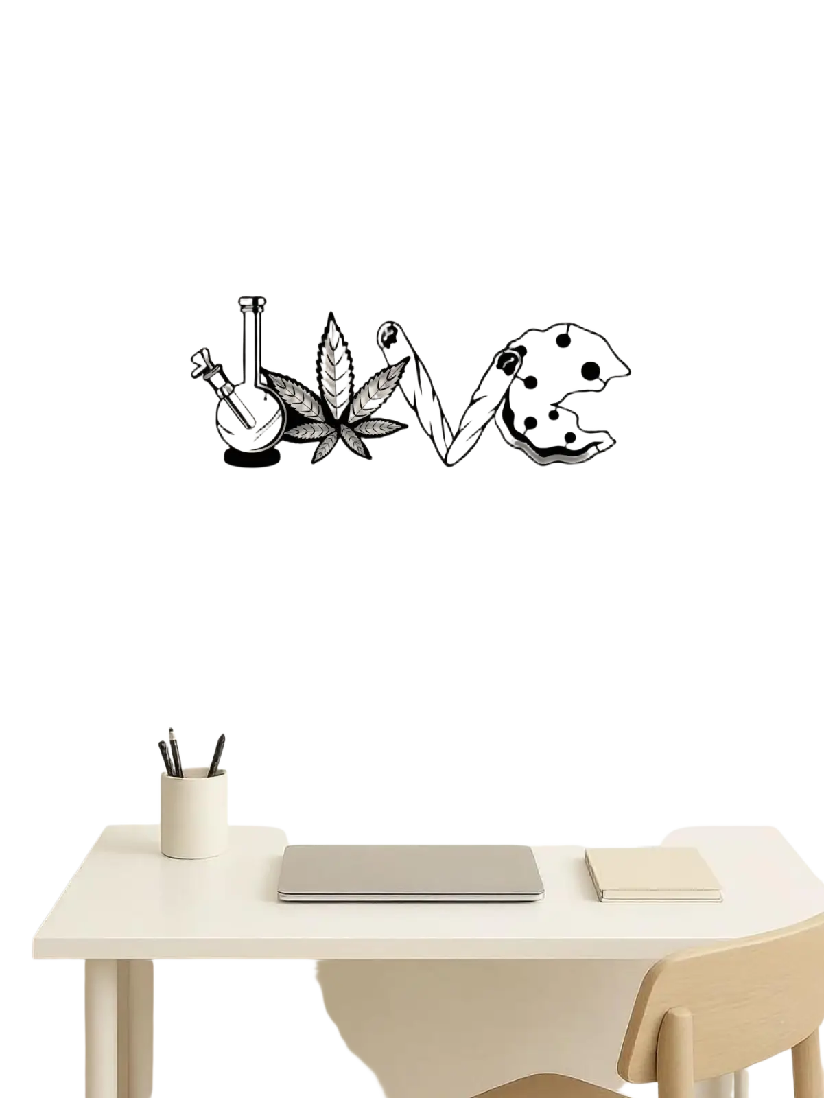 Black metal wall art spelling love with each letter styled as bong cannabis leaf joint and cookie for home decor