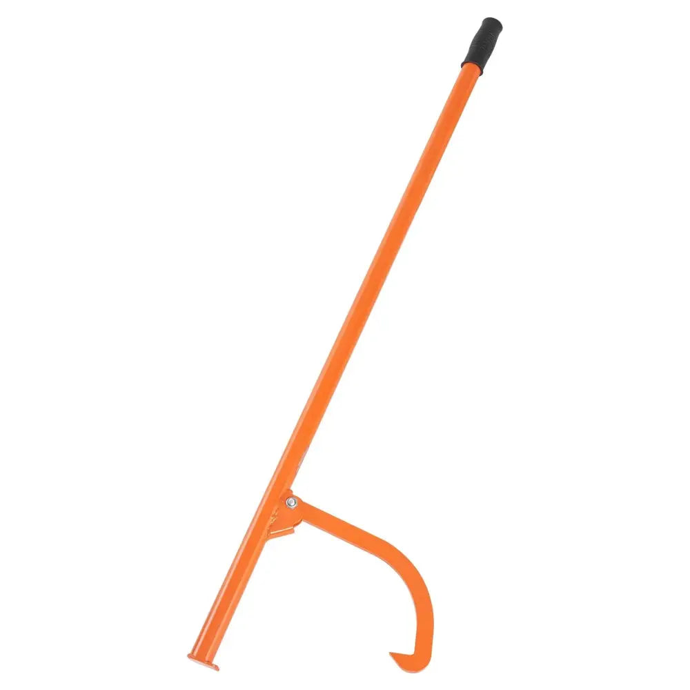 Orange tree limb pruner with black grip handle and curved steel hook for heavy duty forestry and logging use