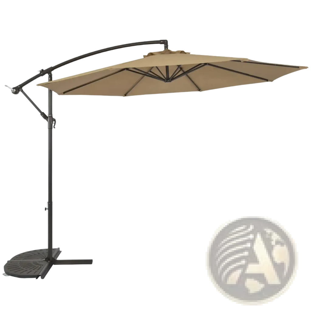 Beige cantilever patio umbrella with black metal frame and base for outdoor use measuring 3 meters