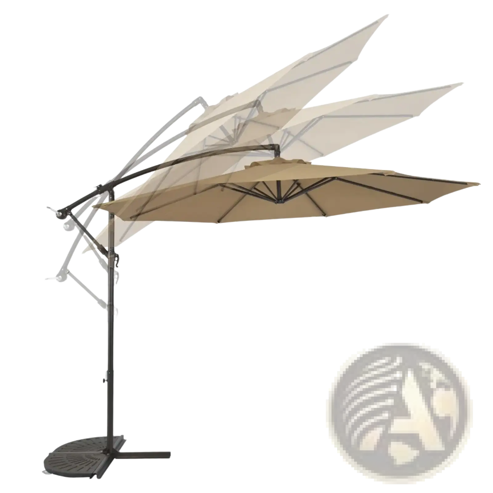 Beige cantilever patio umbrella with black metal frame and base for outdoor use measuring 3 meters