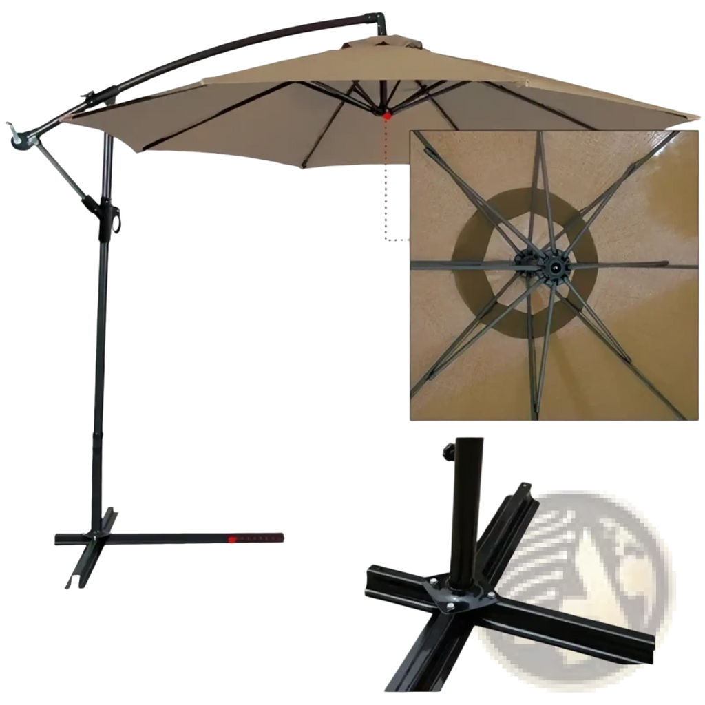 Beige canopy cantilever patio umbrella with black metal frame and base for outdoor use measuring 3 meters