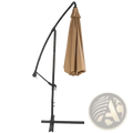 Beige fabric cantilever patio umbrella with a black metal frame for outdoor use measuring 3 meters