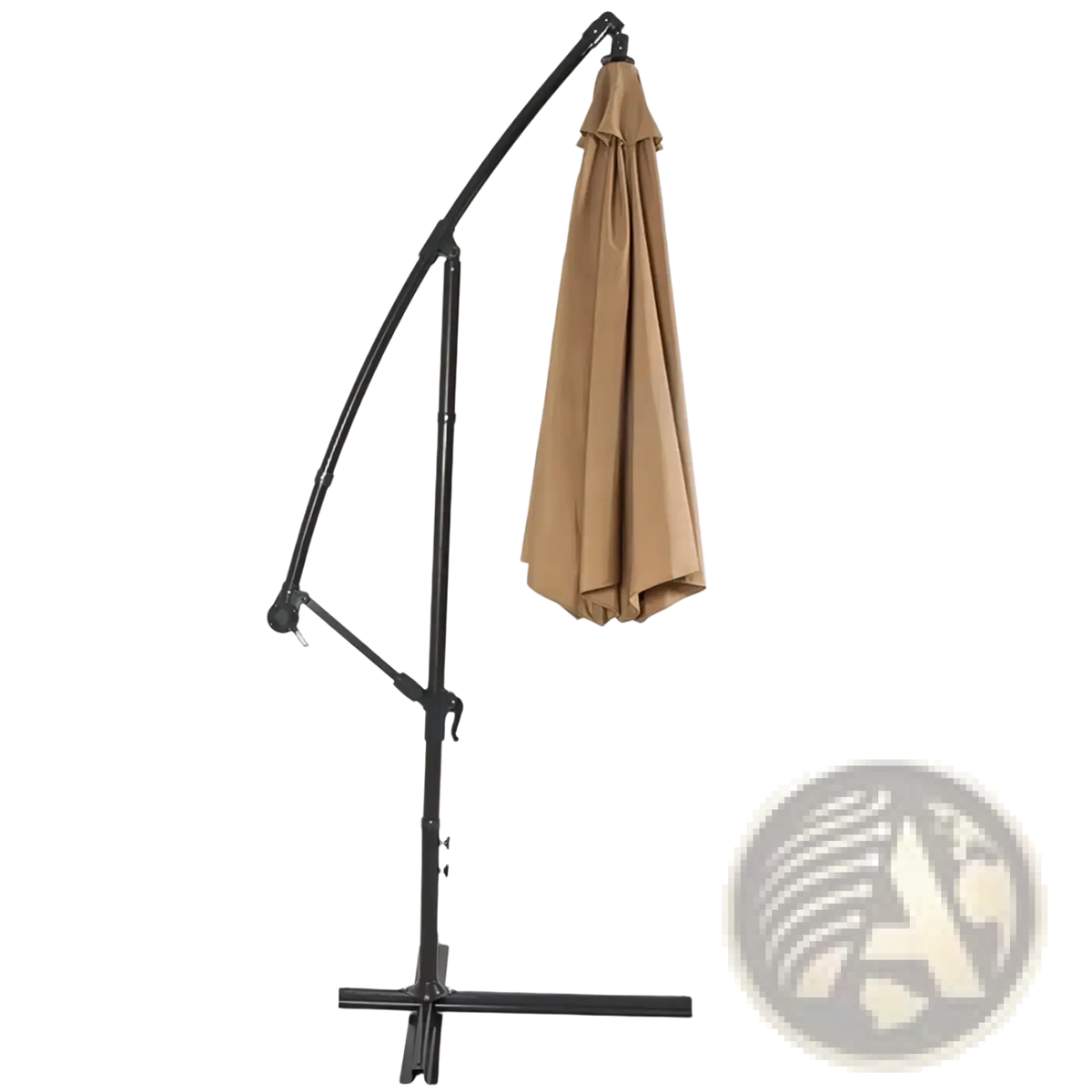Beige fabric cantilever patio umbrella with a black metal frame designed for outdoor use measuring 3 meters