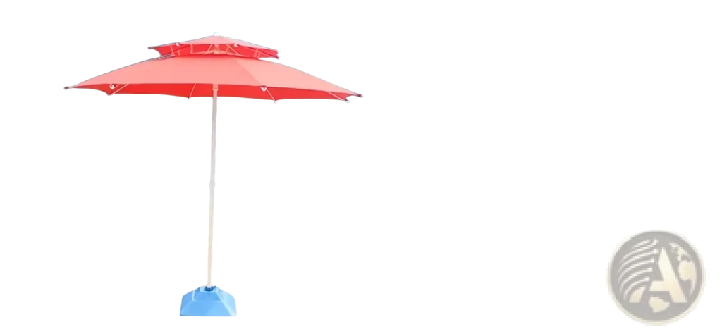 A vibrant red double-tiered cantilever patio umbrella with white pole and blue base for outdoor use
