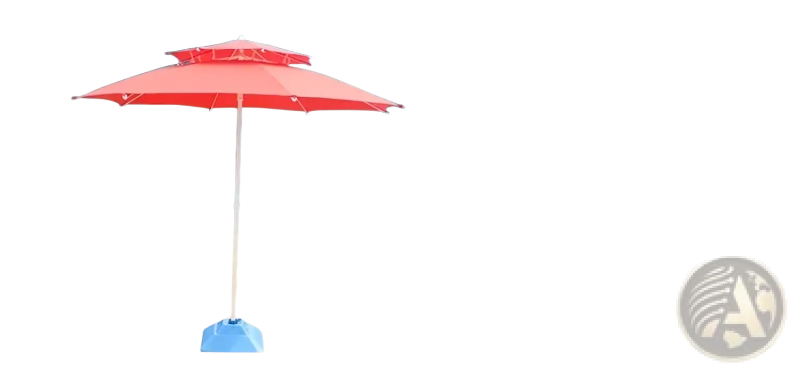 A vibrant red double-tiered cantilever patio umbrella with white pole and blue base for outdoor use