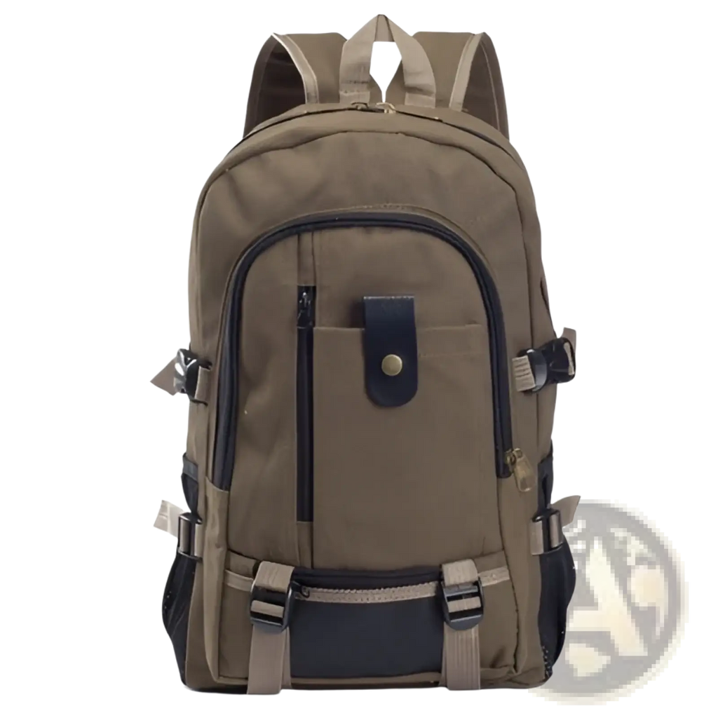 Tan canvas backpack with black zipper accents and leather-like flap closure for men’s olive green student use