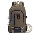 Tan canvas backpack with black zipper accents and leather-like flap closure for men’s olive green student use