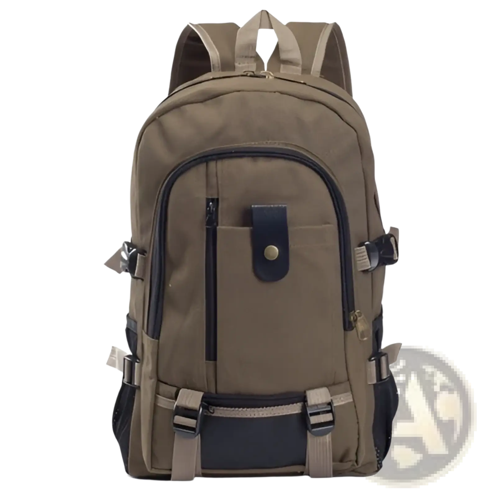 Tan canvas backpack with black zipper accents and leather-like flap closure for men’s olive green student use