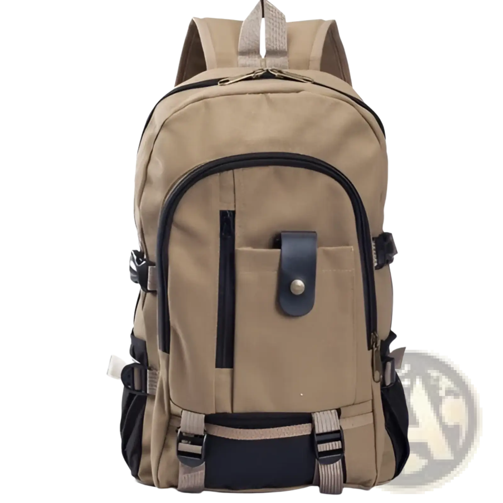 Tan canvas backpack with black zipper accents and leather flap closure on front pocket for men’s olive green student bag