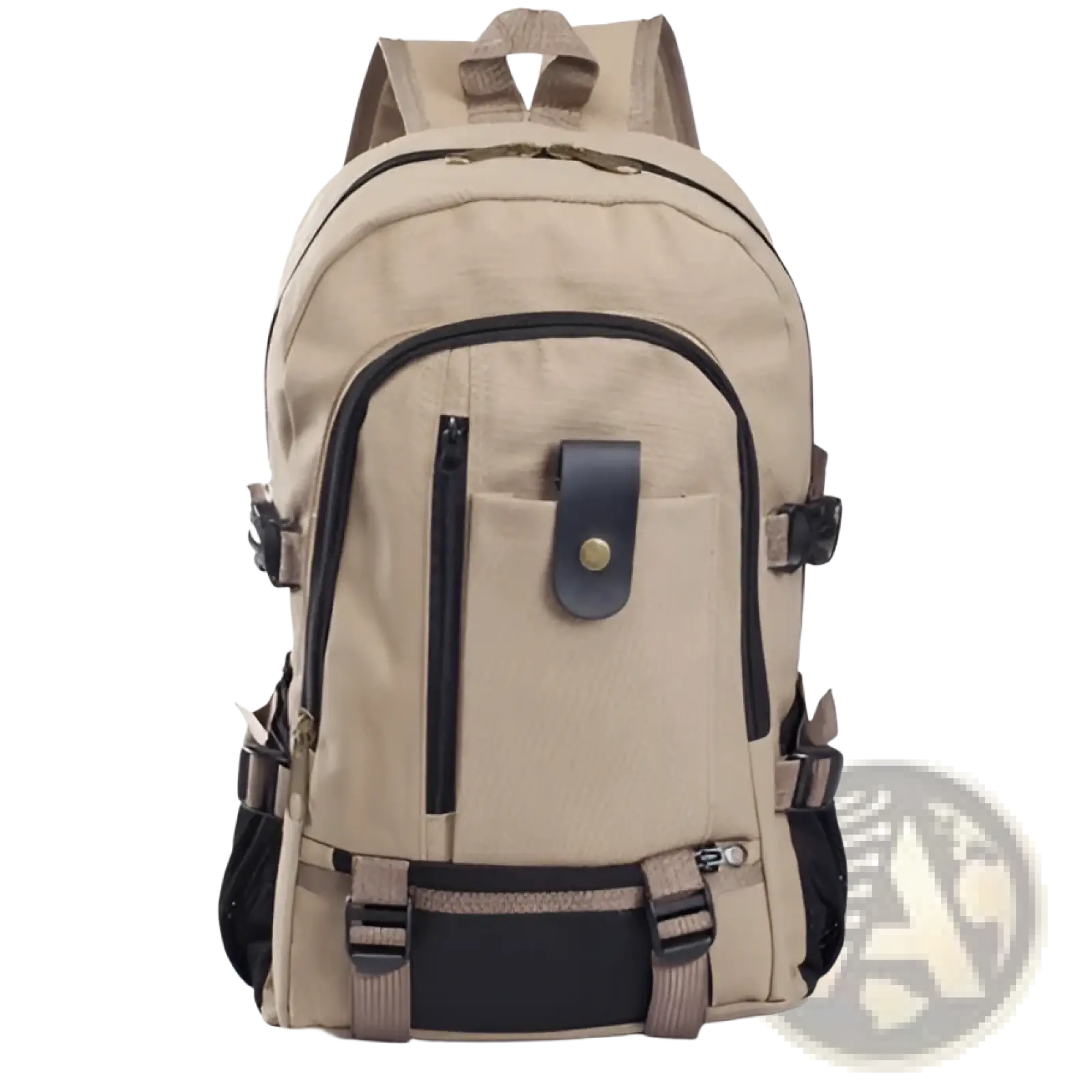 Beige canvas backpack with black zipper accents and leather flap detail for men’s olive green student bag use