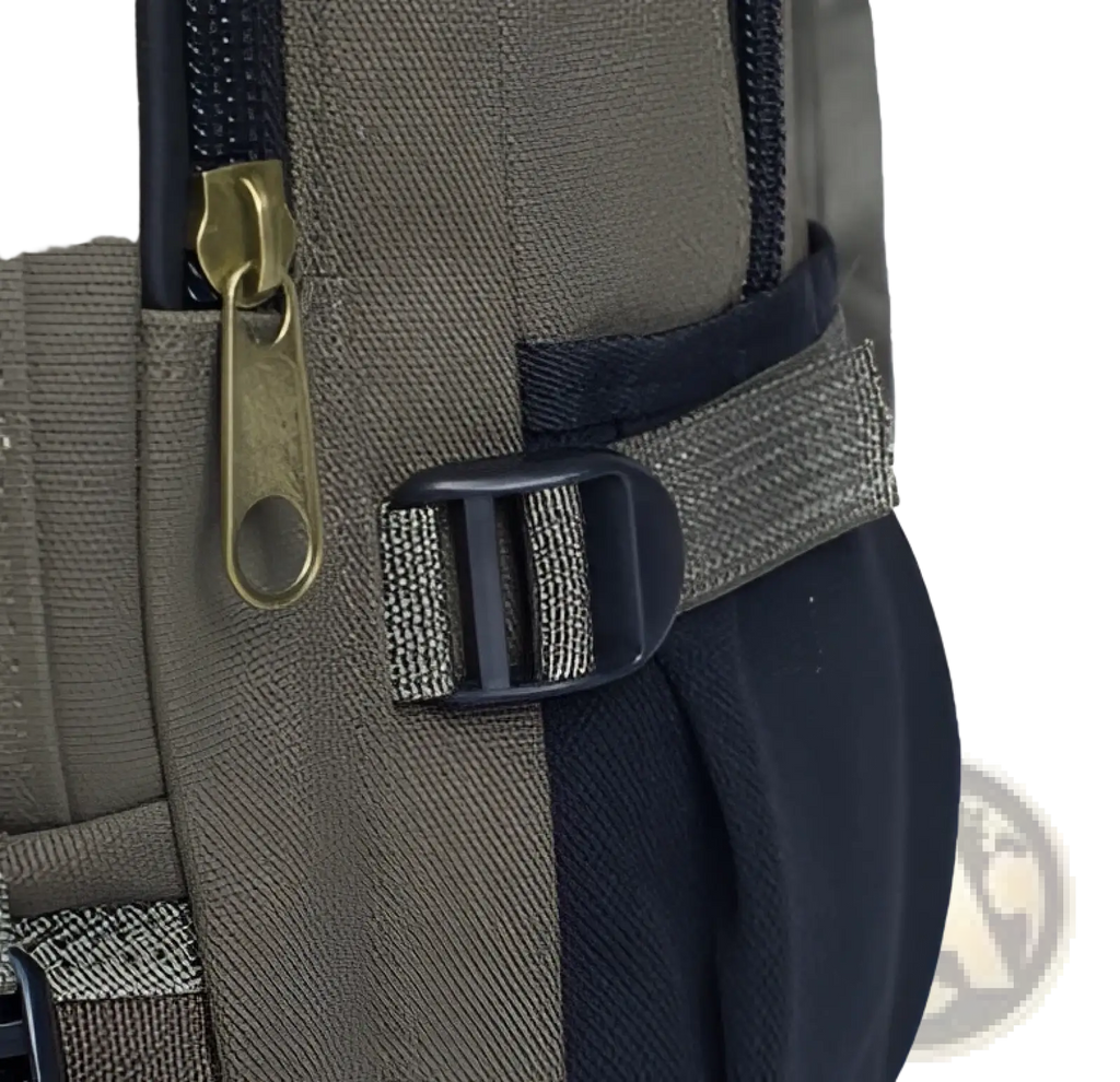 Olive green canvas backpack with black zipper pull and adjustable strap buckle designed for men and students