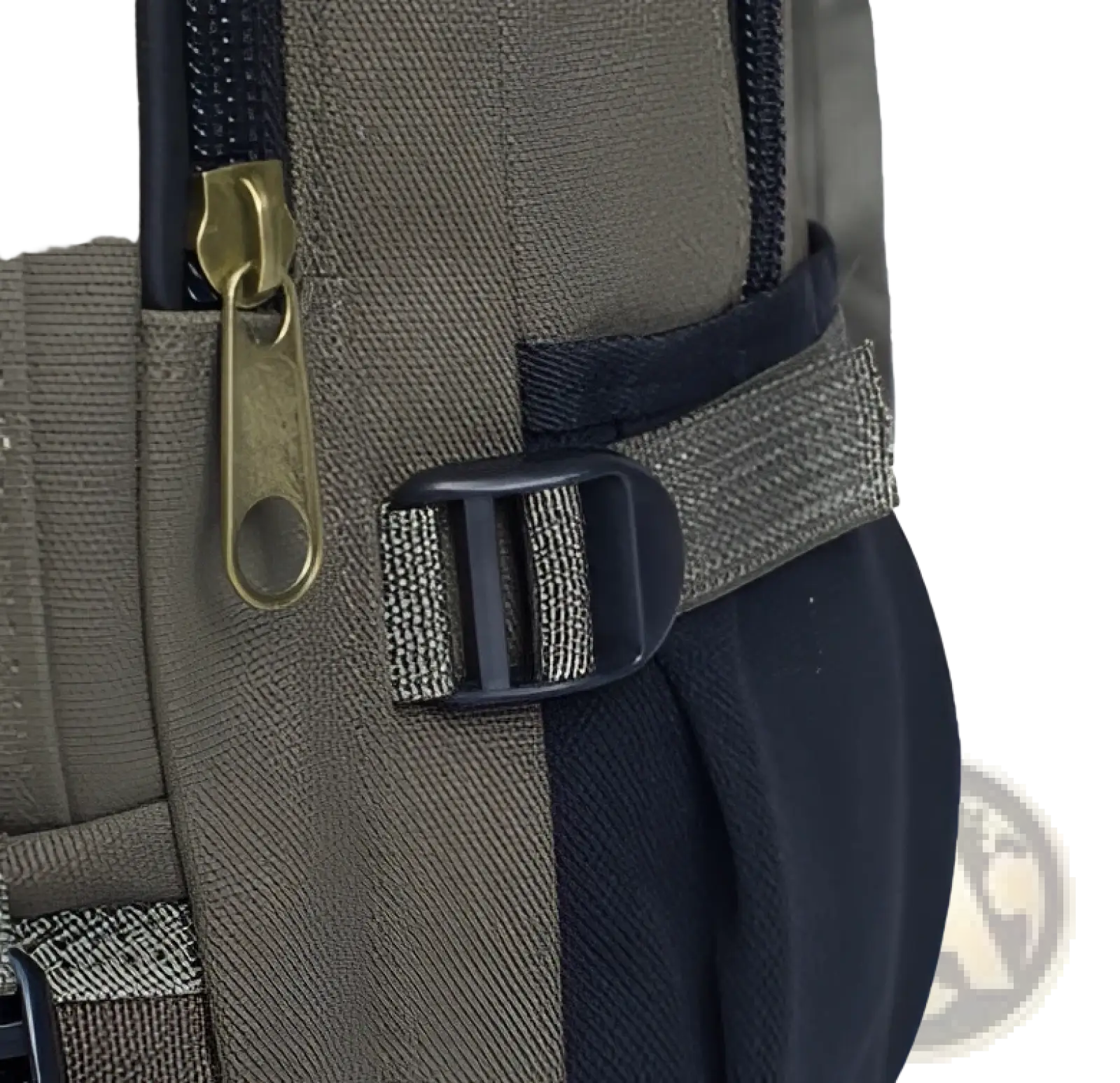 Olive green canvas backpack with black zipper pull and adjustable strap buckle designed for men and students