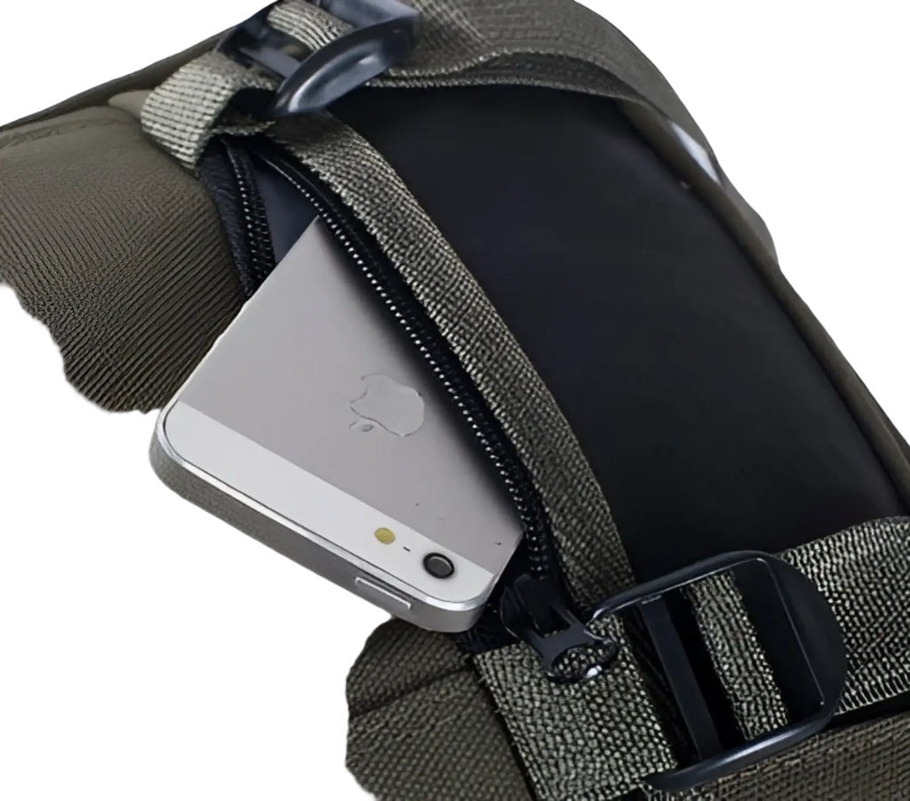 Olive green canvas backpack with black zipper and buckle holding a silver iPhone for men student use