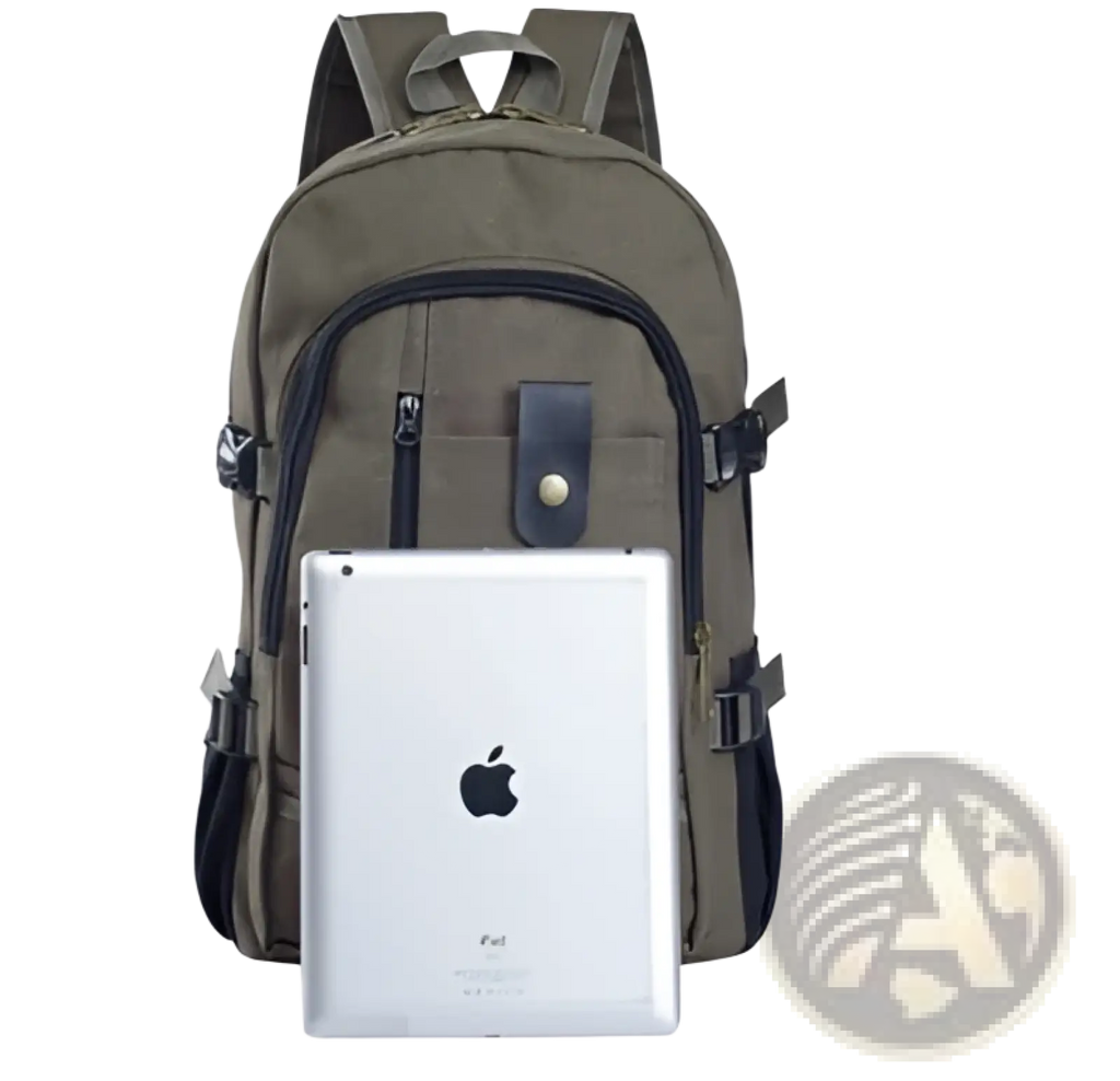 Olive green canvas backpack with black zipper pulls and leather accents for men student use