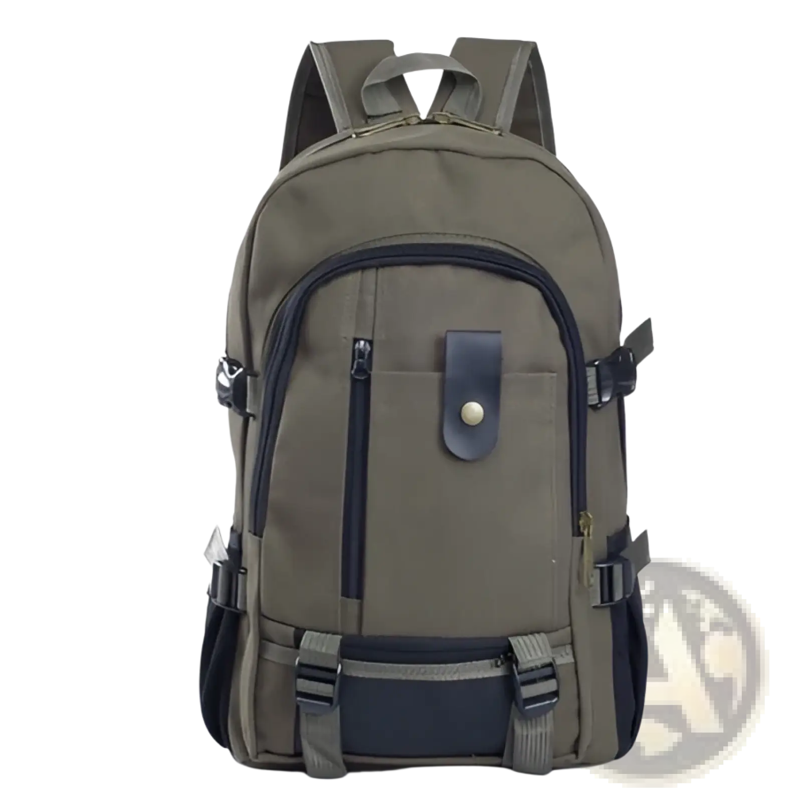Canvas backpack men’s olive green with black zipper pulls and leather-like flap closure for student use