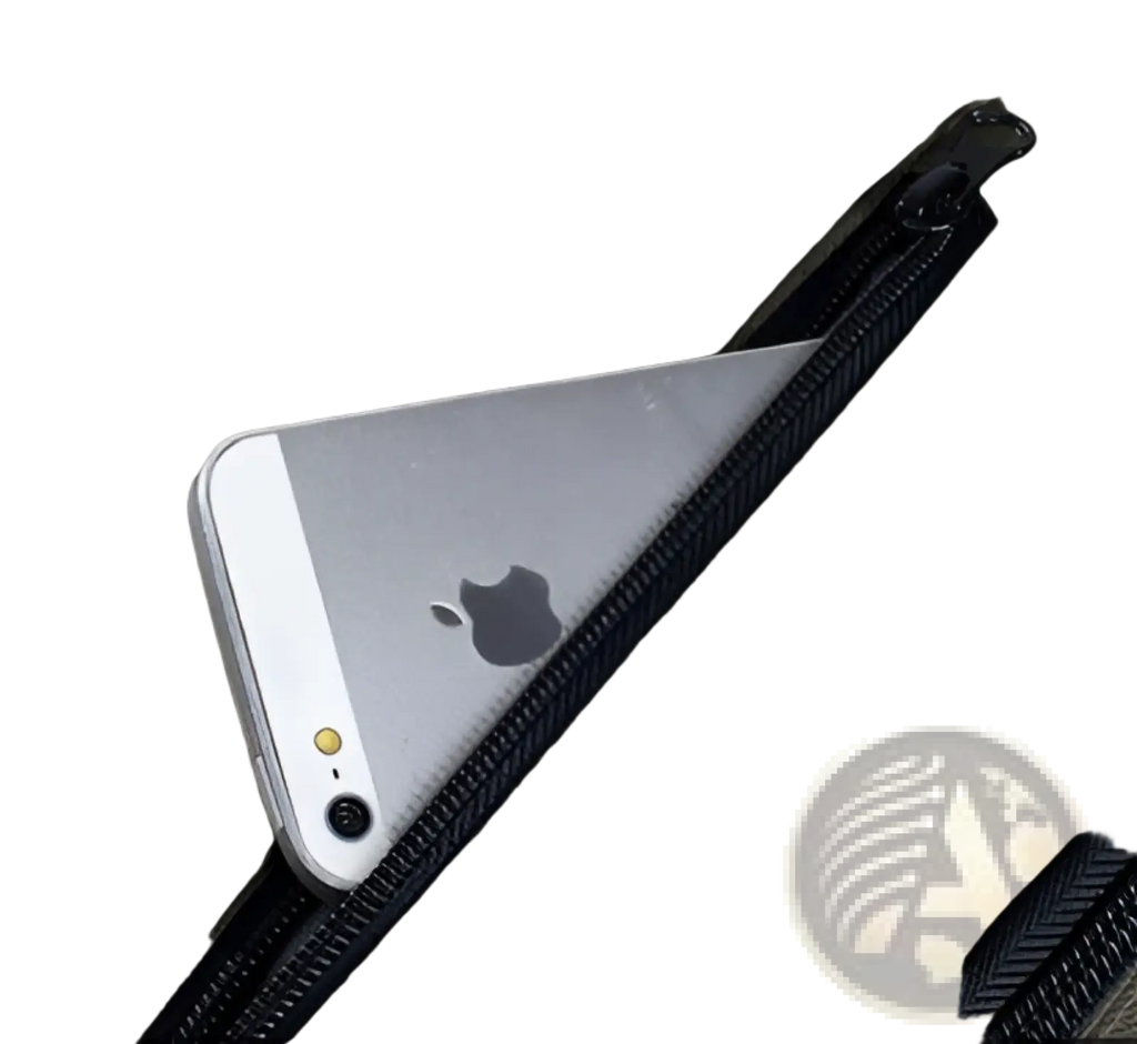 Silver iphone 5s peeking out from olive green canvas mens student backpack zipper pouch pocket closure