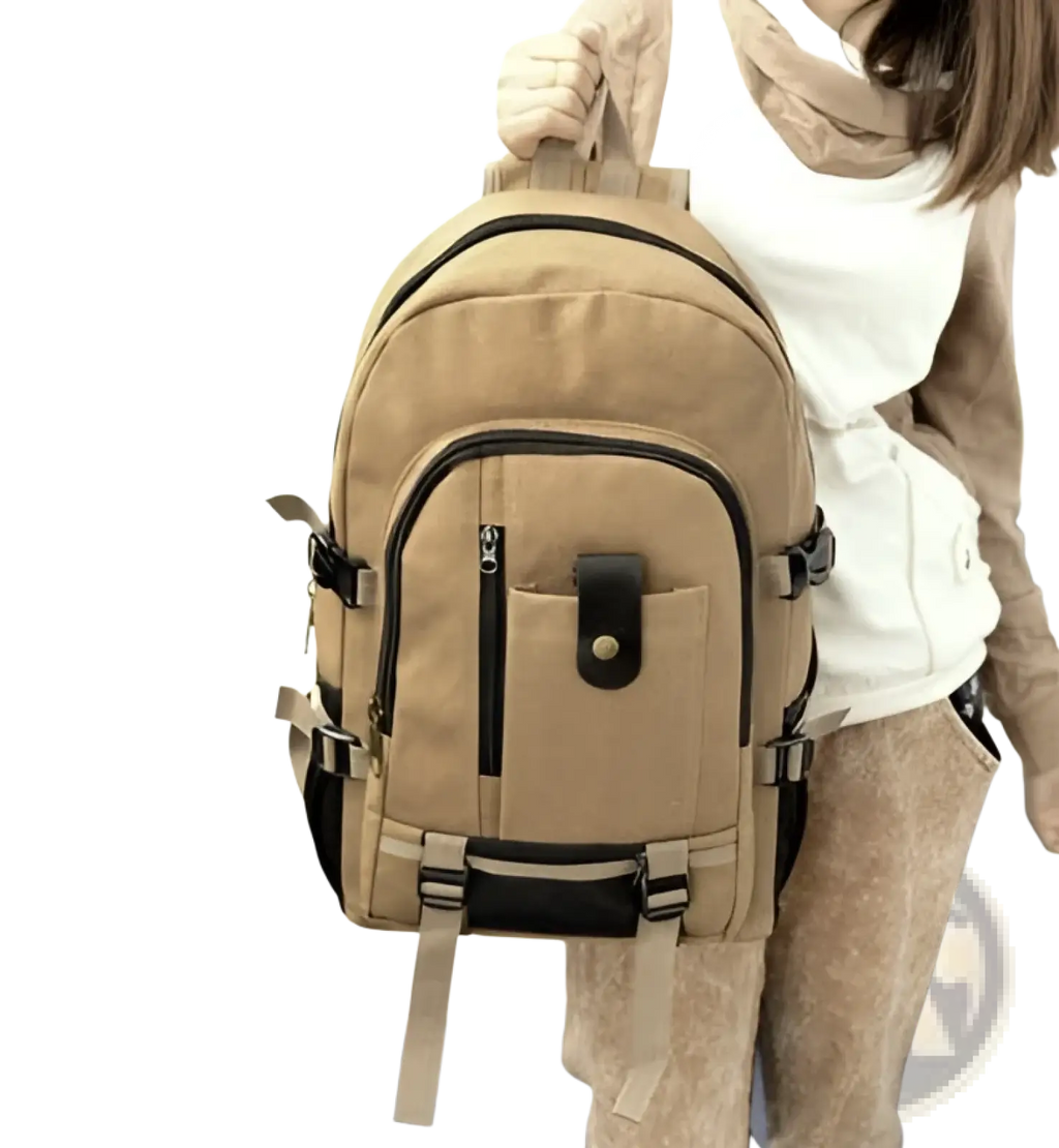 Tan canvas backpack with black zipper pulls and leather-like accents for men student use in olive green style