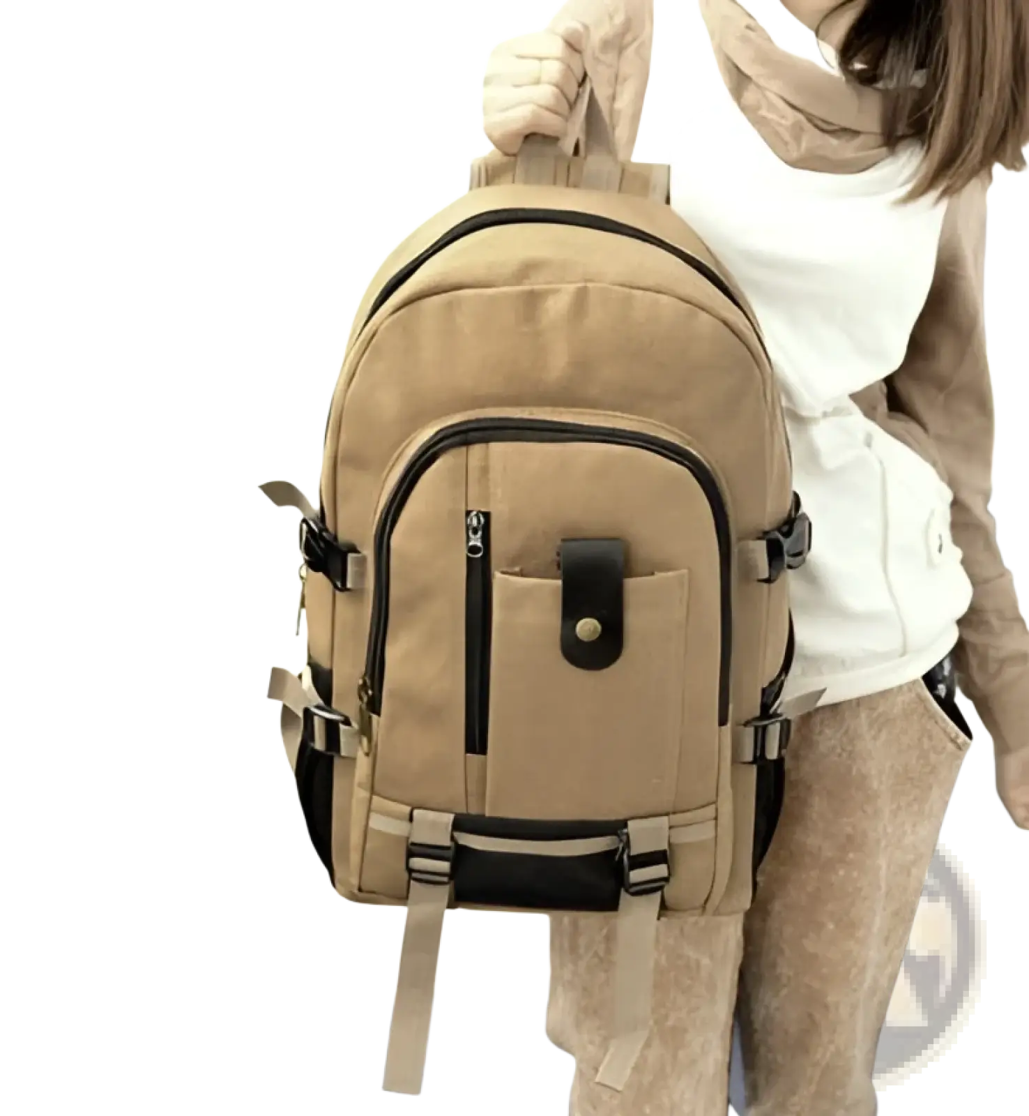 Tan canvas backpack with black zipper pulls and leather-like accents for men student use in olive green style