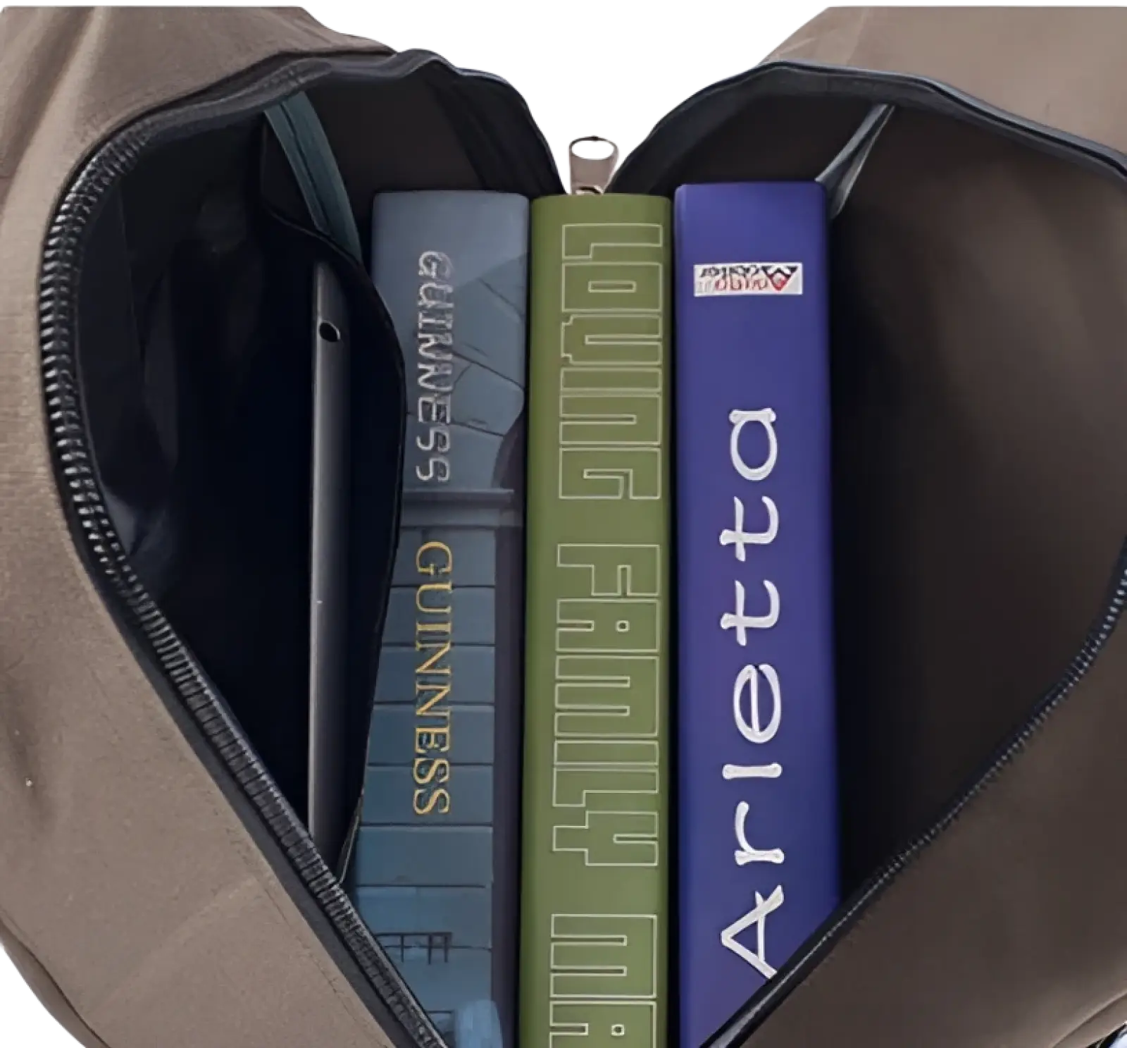 Tan canvas backpack with black zipper containing three books shown in men’s olive green student bag product image