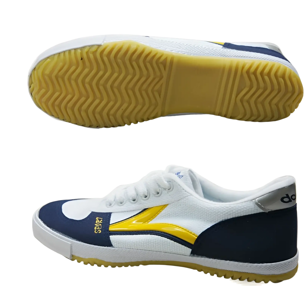 White canvas couple sneakers with yellow lightning bolt design navy blue and yellow accents rubber soles low-top design
