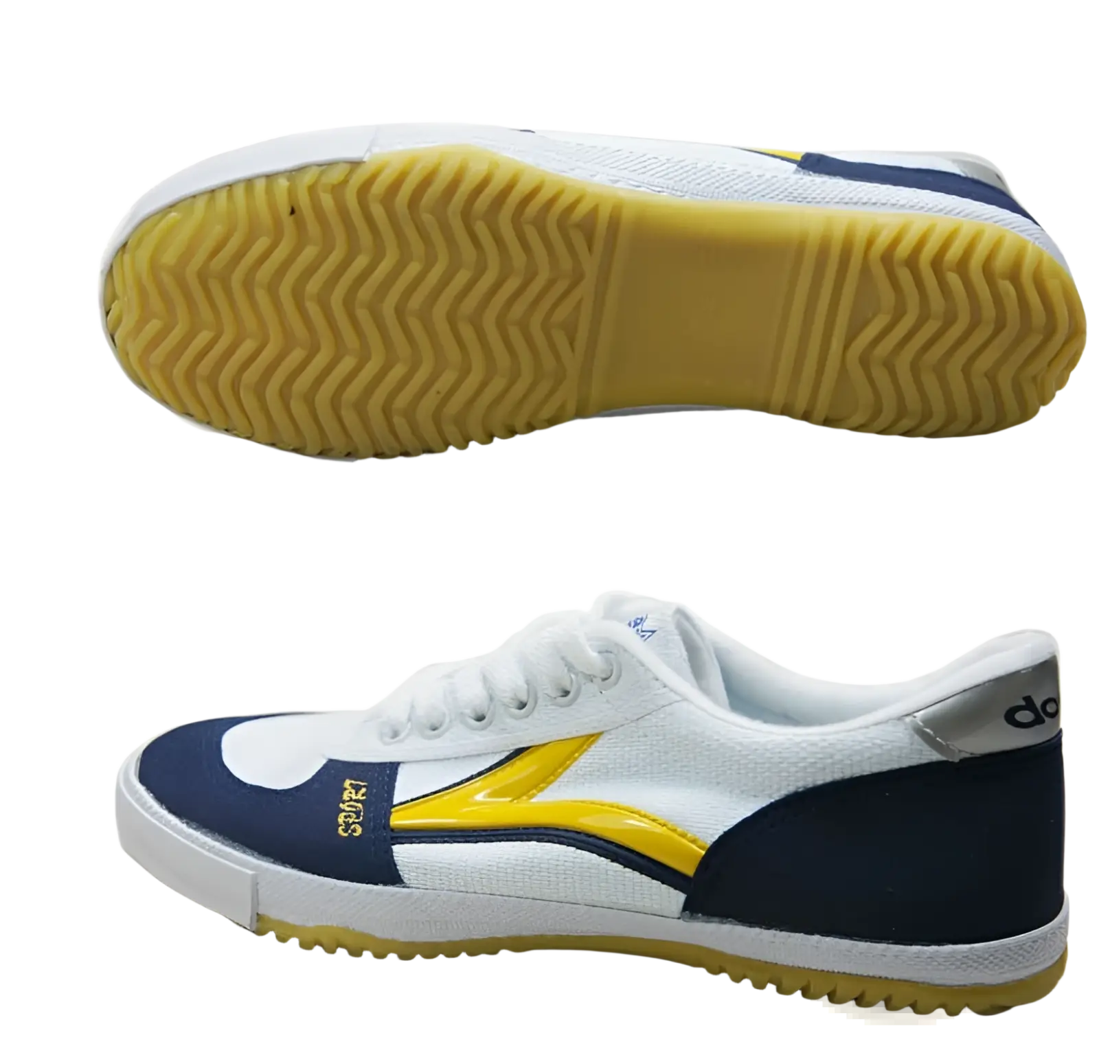 White canvas couple sneakers with yellow lightning bolt design navy blue and yellow accents rubber soles low-top design