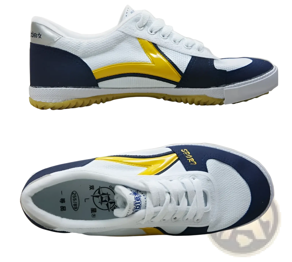 White navy blue and yellow canvas couple sneaker with lightning bolt design and rubber sole for athletic use