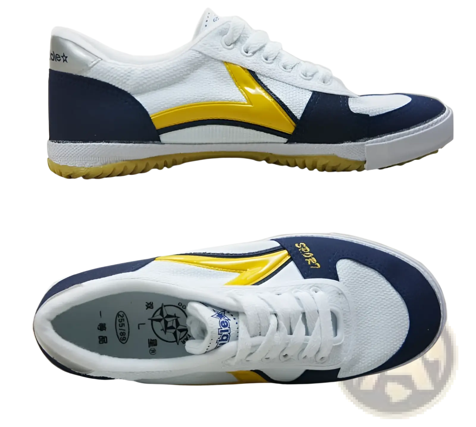White navy blue and yellow canvas couple sneaker with lightning bolt design and rubber sole for athletic use