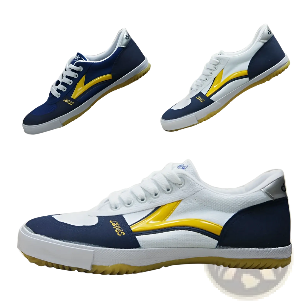 Canvas couple sneakers in navy and white canvas with yellow lightning bolt design and gum rubber sole