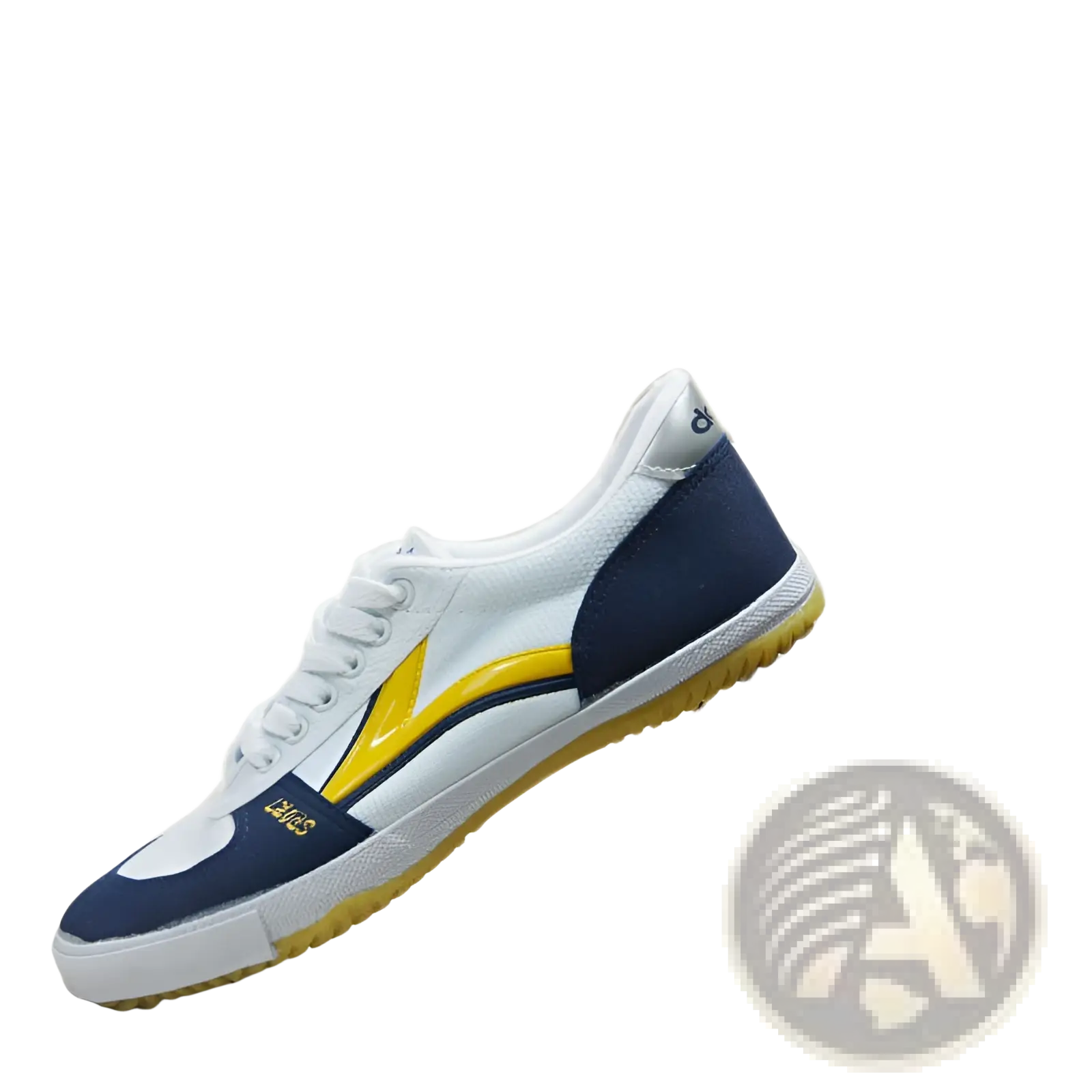 Canvas couple sneakers in white and navy blue with yellow lightning bolt design white laces and rubber sole