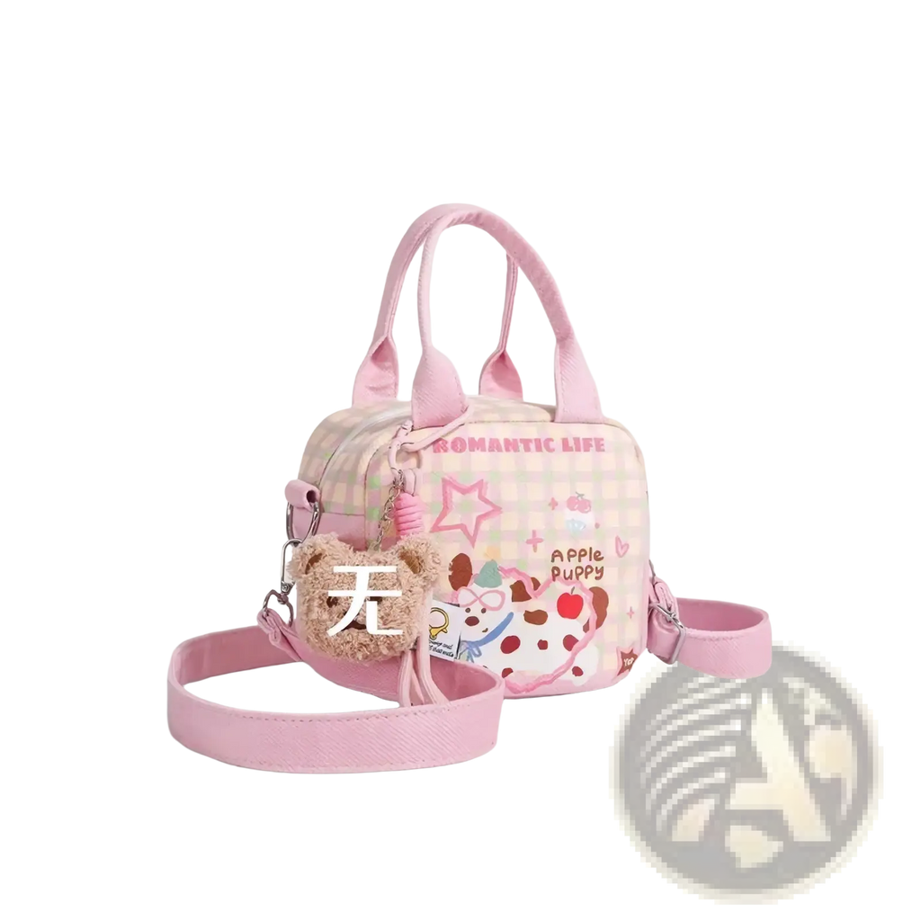 Pink checkered canvas dog handbag with cartoon puppy and star design featuring matching pink handles and strap