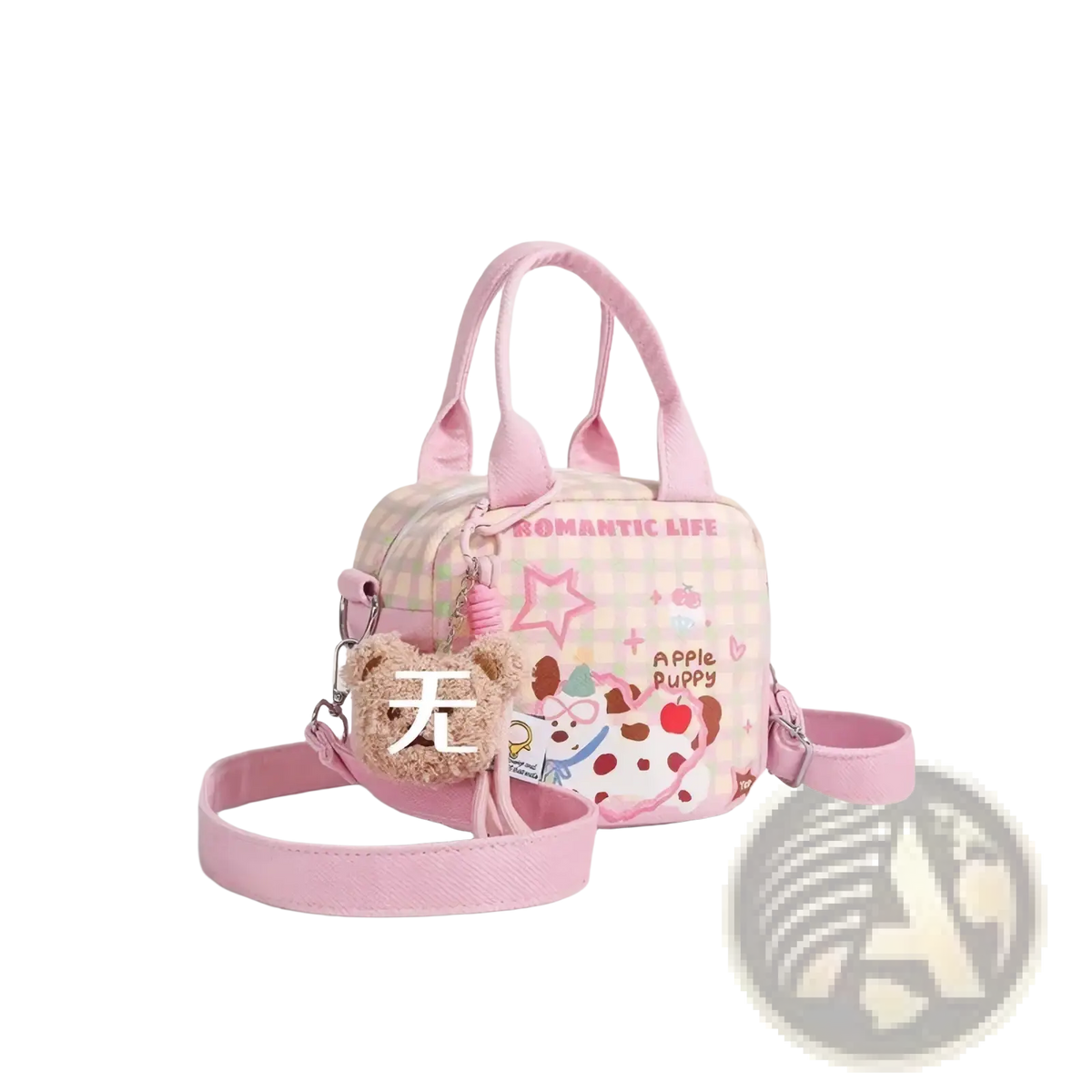 Pink checkered canvas dog handbag with cartoon puppy and star design featuring matching pink handles and strap