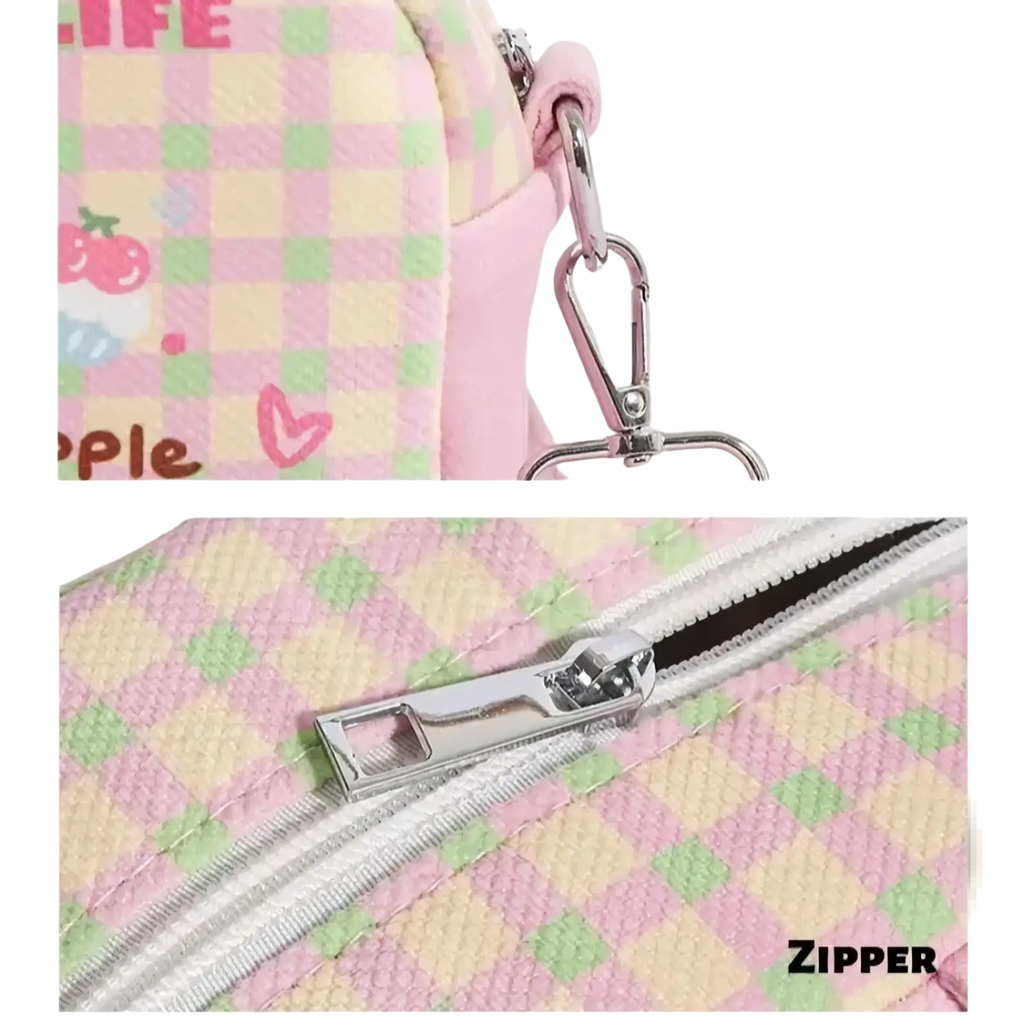 Pastel pink and mint green checkered canvas dog handbag with silver zipper pull for carrying puppies and small pets