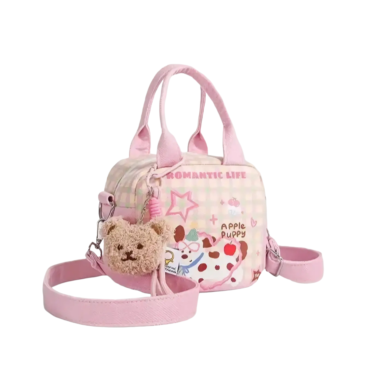 Pink canvas dog handbag with pastel checkered pattern embroidered romantic life and apple puppy with plush teddy bear charm