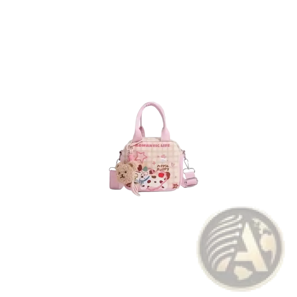 Pink canvas dog handbag featuring a plush puppy charm and star patterns perfect for casual tote use