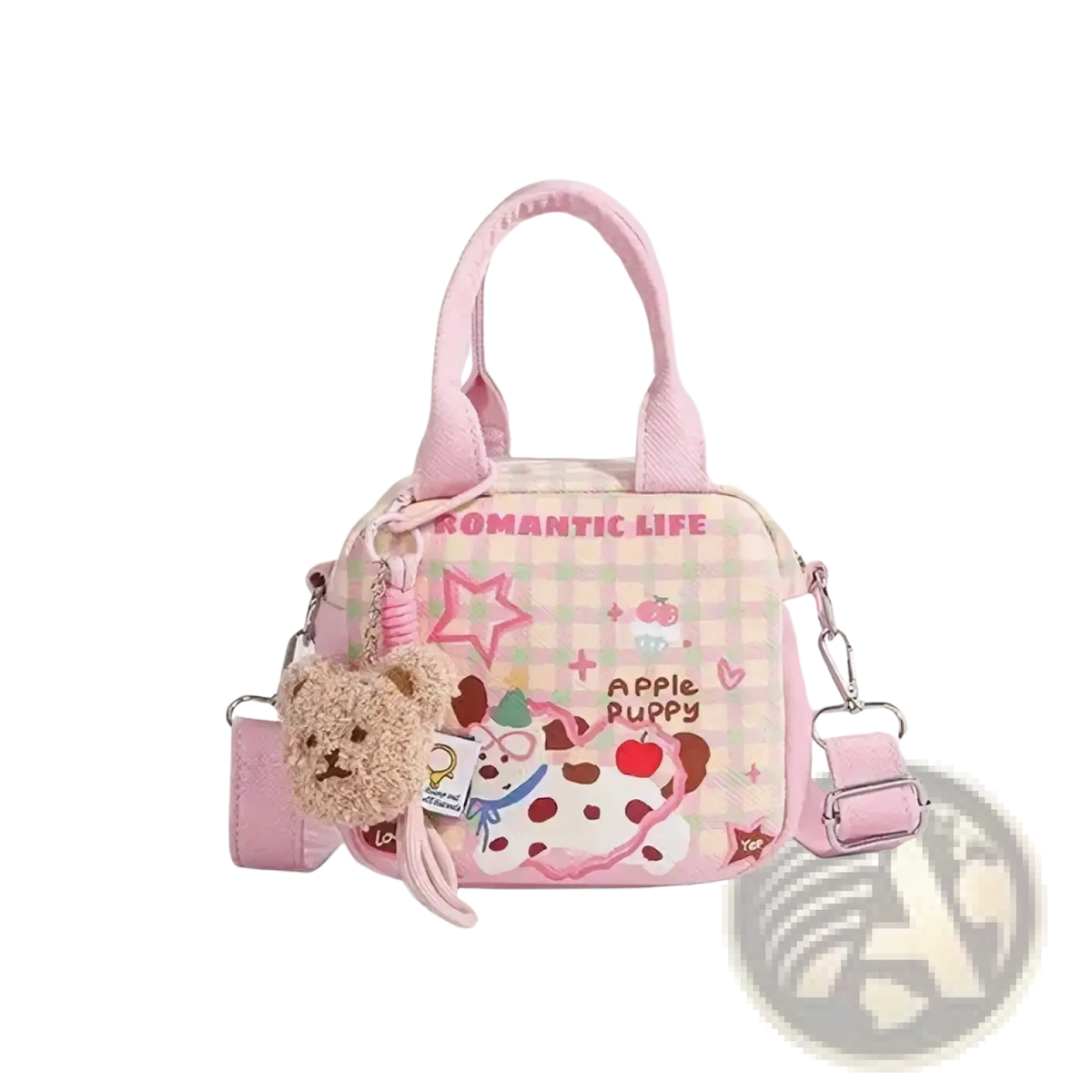 Pink checkered canvas dog handbag with embroidered romantic life and apple puppy design, plush teddy bear charm, adjustable strap