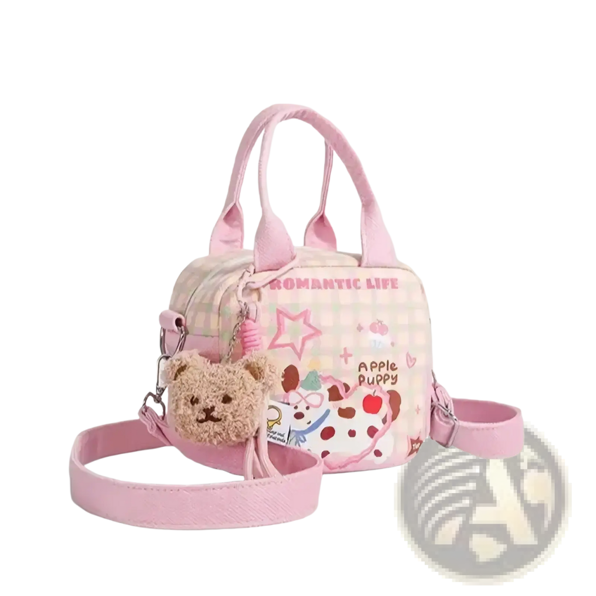 Pink canvas dog handbag with pastel checkered pattern embroidered romantic life and apple puppy with plush teddy bear charm