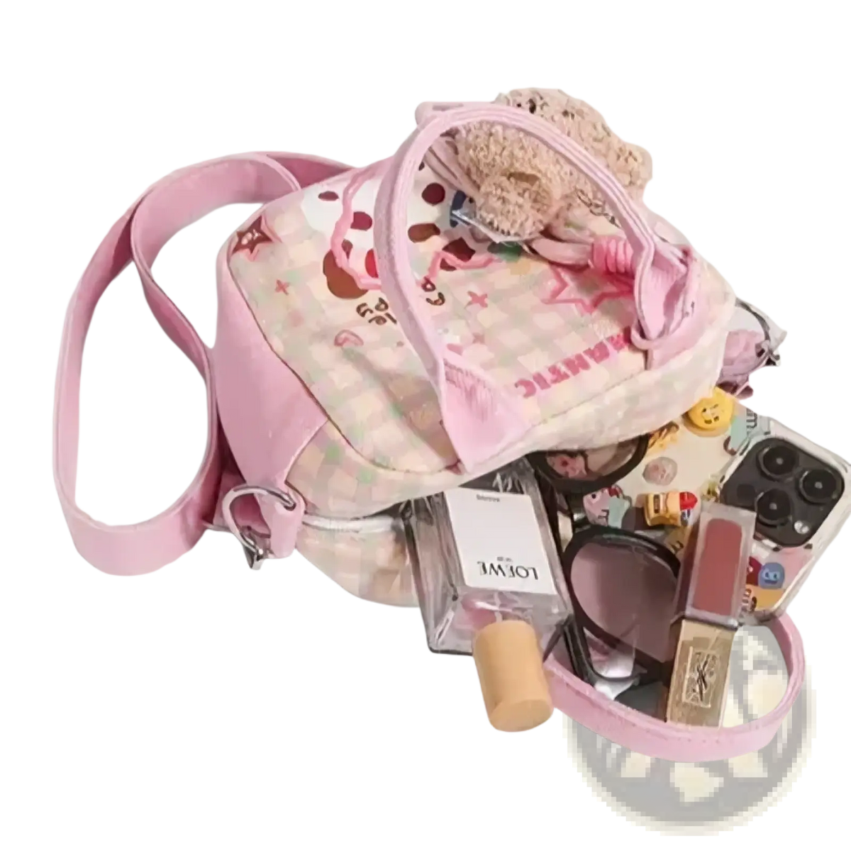 Pink patterned canvas crossbody bag with plush teddy bear handle and cute cartoon designs for dog lovers