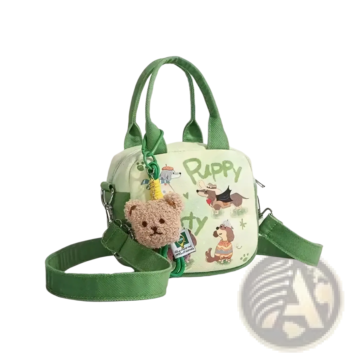 A soft mint green canvas dog handbag with playful puppy illustrations and a plush teddy bear charm
