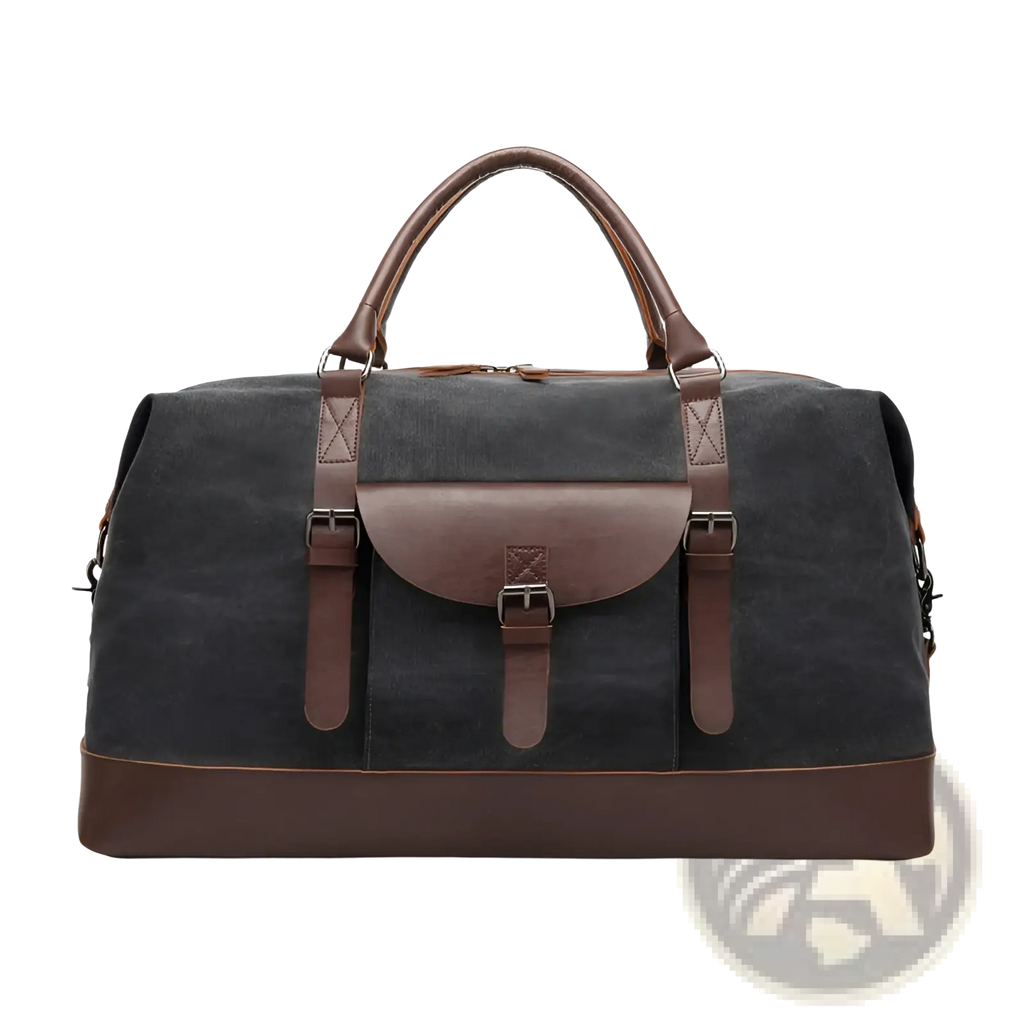 Dark gray canvas duffel bag with brown leather handles straps and trim large travel handbag for durable use